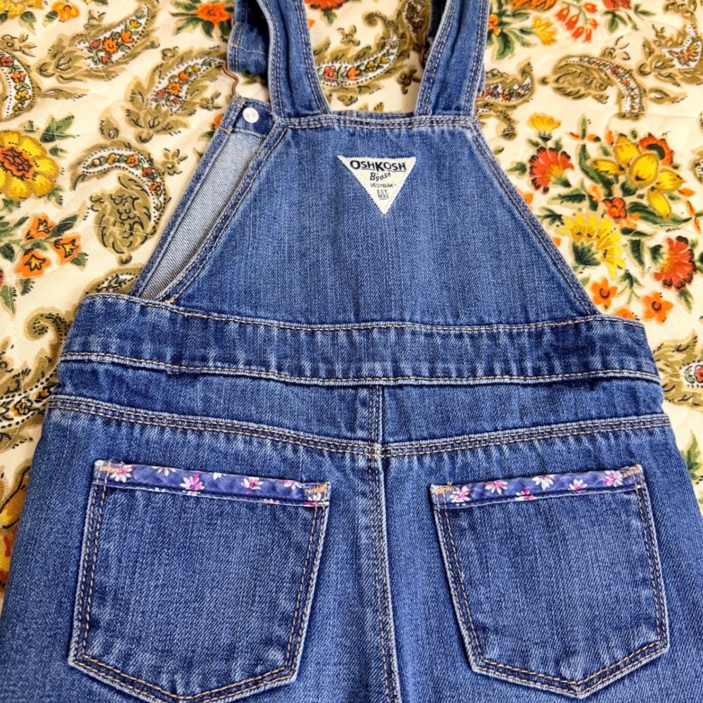 OshKosh Bgosh Denim Overalls Baby Toddler Blue Floral Trim Size 24 Months - Picture 6 of 10